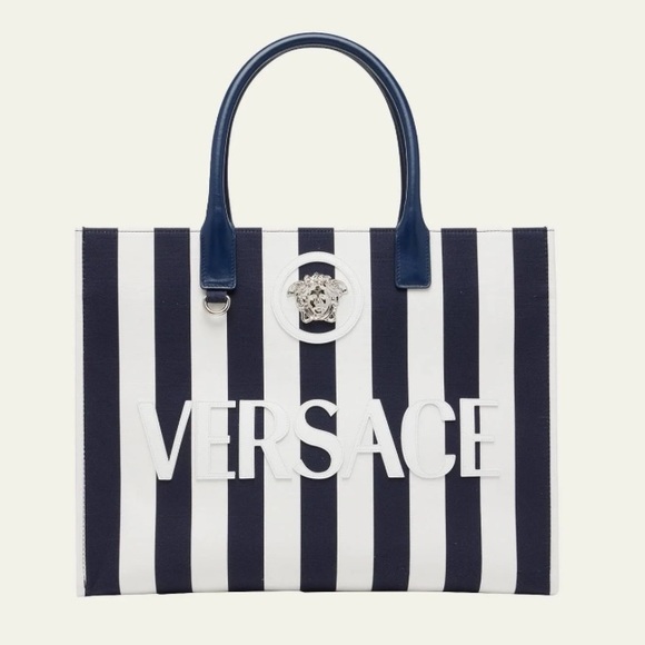 Versace Handbags - Versace Striped Canvas Calfskin La Medusa Tote Bag Navy White NWT